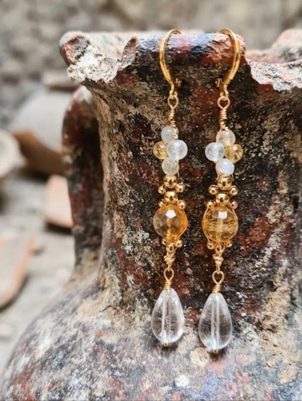 Genuine Citrine In Handwoven Handmade Artisan Long Drop Gold Plated Earrings